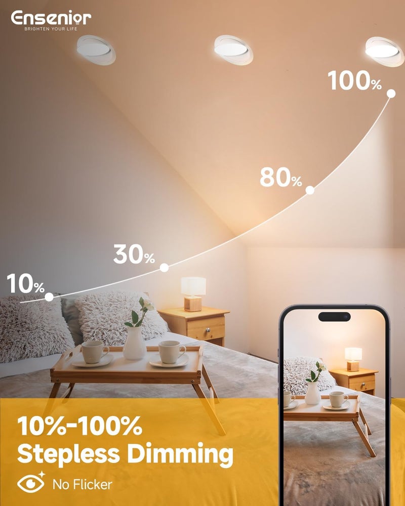 Ensenior 4 Pack 6 inch 5CCT LED Eyeball Recessed Lighting, 360°+90° Rotatable, Dimmable Gimbal Recessed Lights, Canless Angled Adjustable Ceiling Downlight, 1300LM, 12W=115W, 120V - ETL&FCC - Image 4